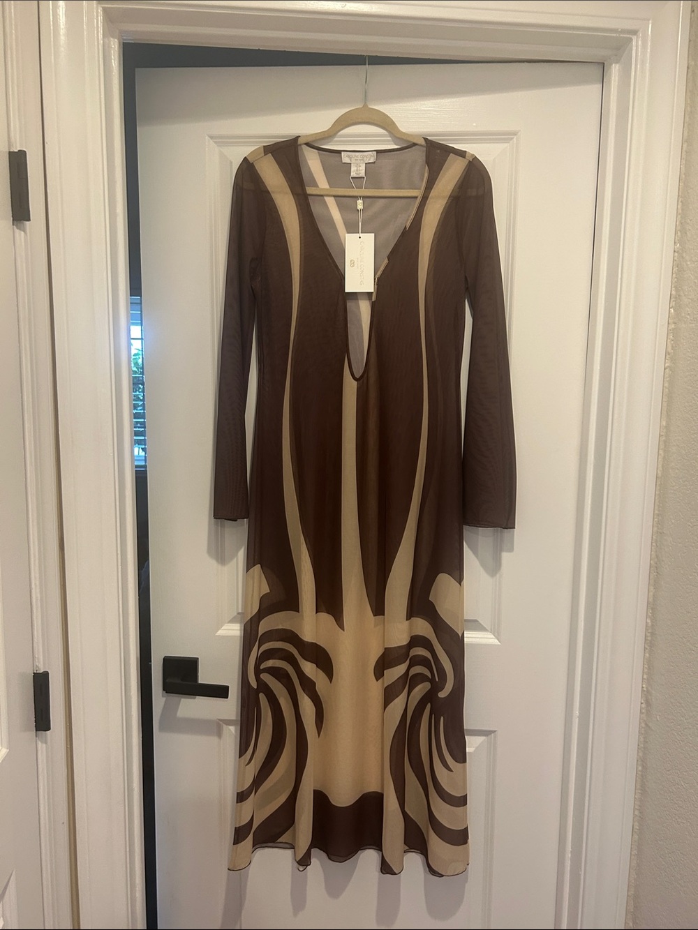 Caroline Constas Brown & Cream Long Sleeve V-Neck Swim Coverup Maxi